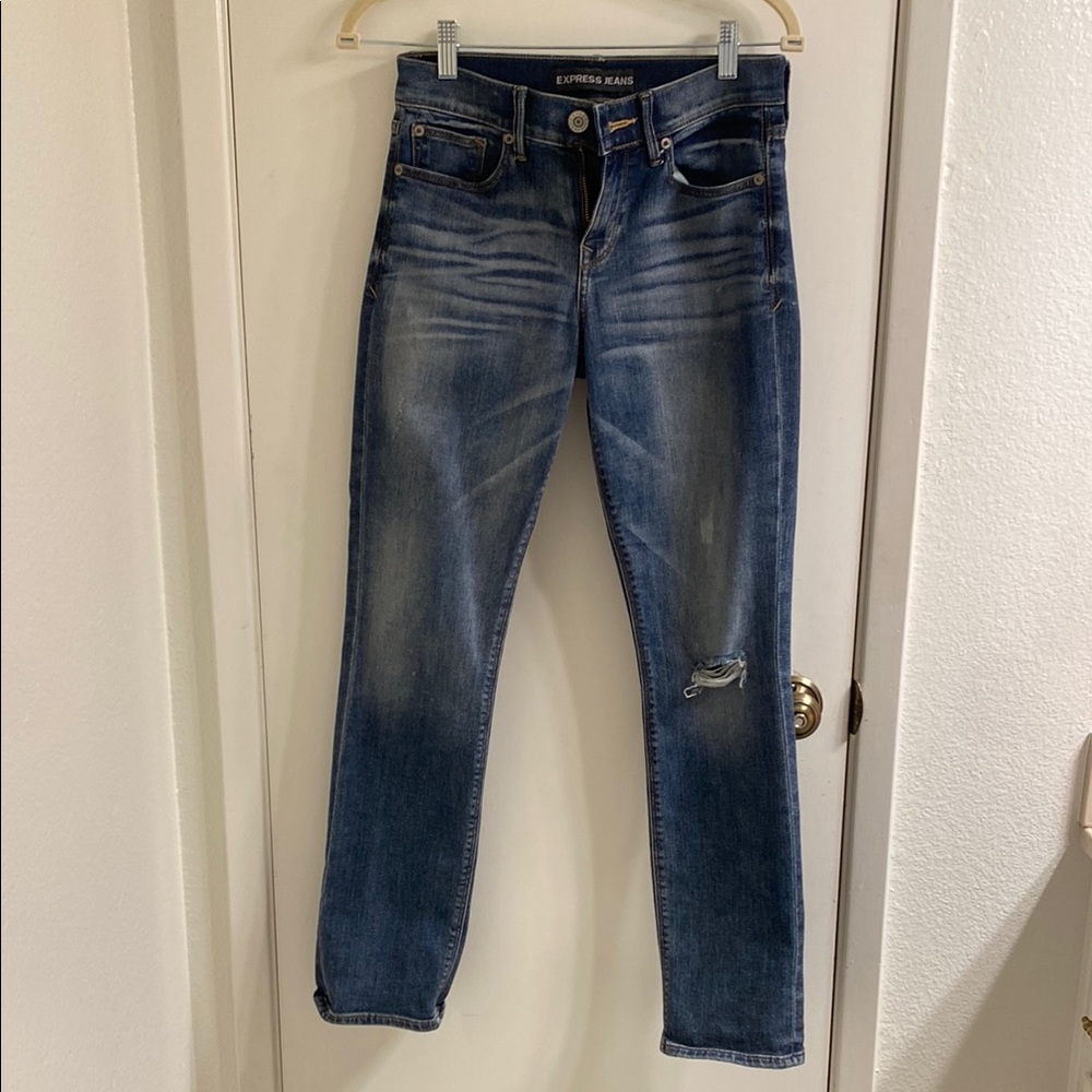 Express Blue Straight Leg Jeans with Distressed Detail